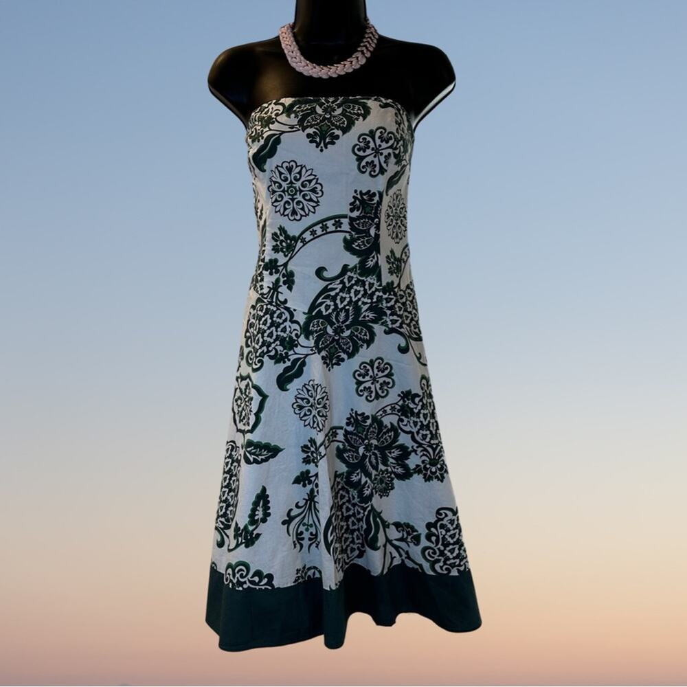 Retro 50s Style Strapless Floral Fit and Flare White + Green Dress by Teeze Me